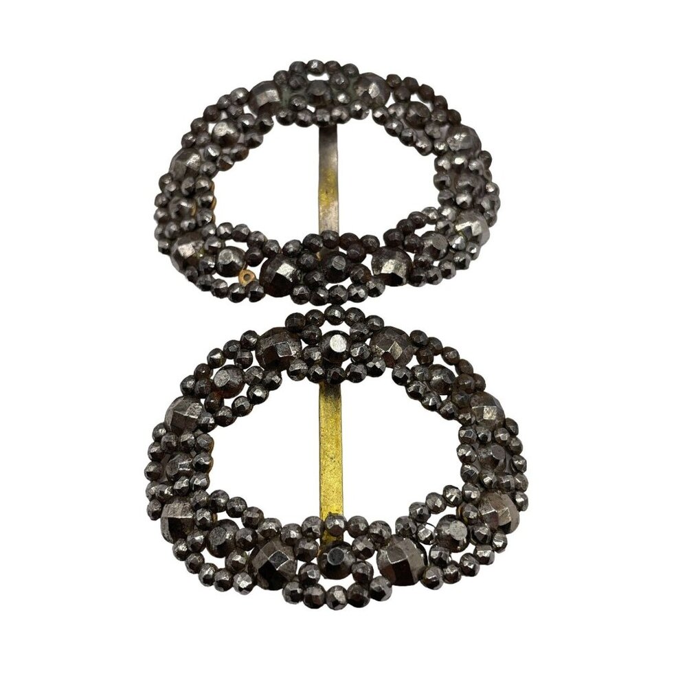 Art Deco Metal Bonded Bead Scarf Clasp Buckle‎ Shoe Clips Victorian Antique Set